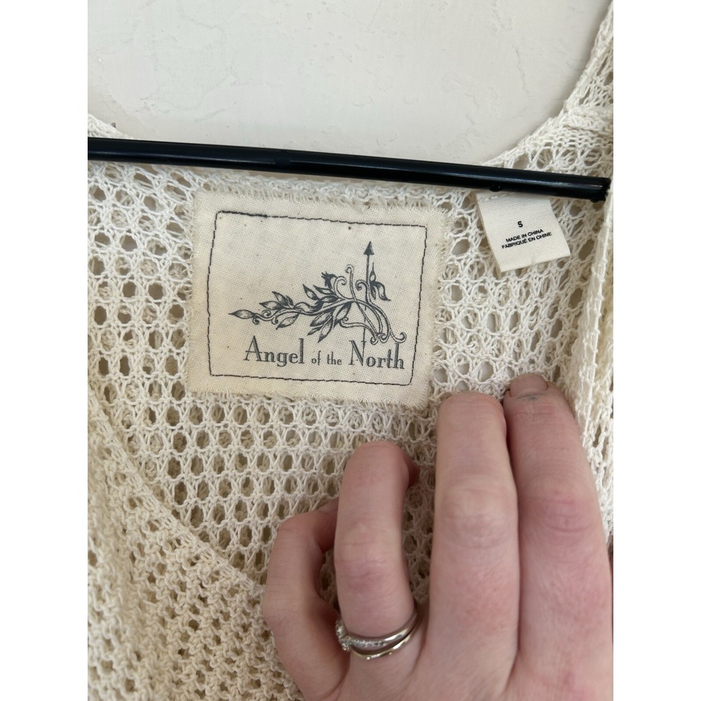 Angel Of The North Anthropologie Cream Open Knit S Ruffle Sweater Cottagecore - Picture 2 of 8